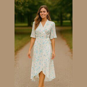 Ganni Blue Floral Wrap Midi Dress EU 36 / US 6